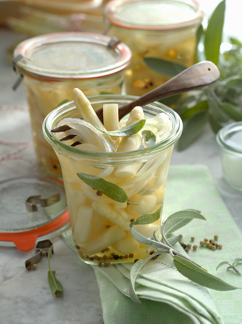 Pickled white asparagus with sage