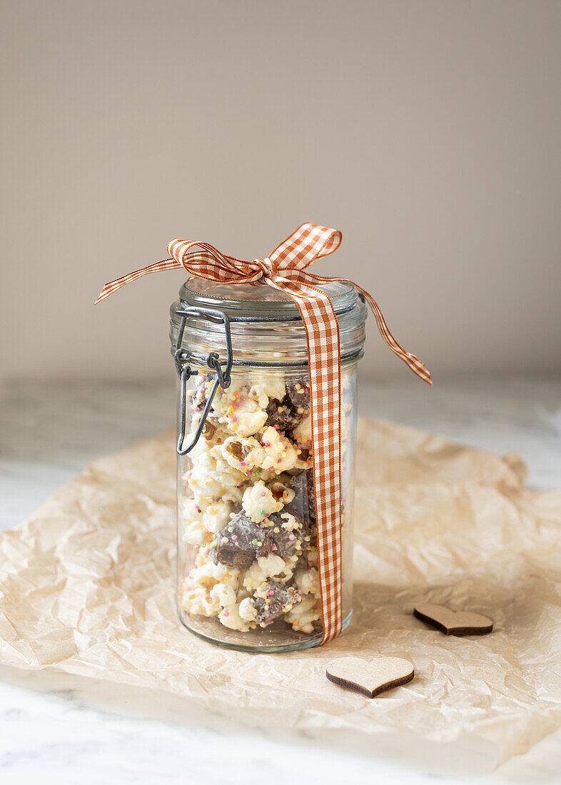 Homemade chocolate popcorn as a gift