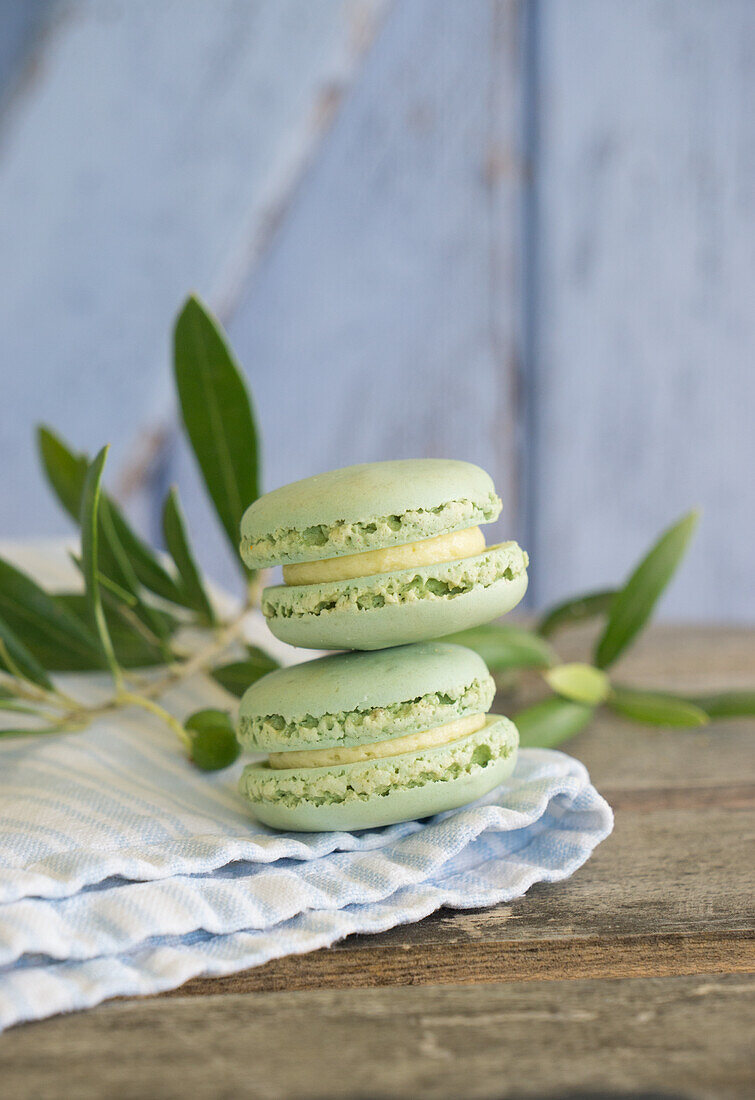 Matcha macarons and olive branches