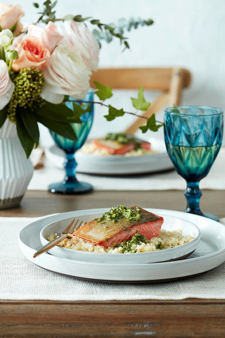 Salmon on a bed of risotto