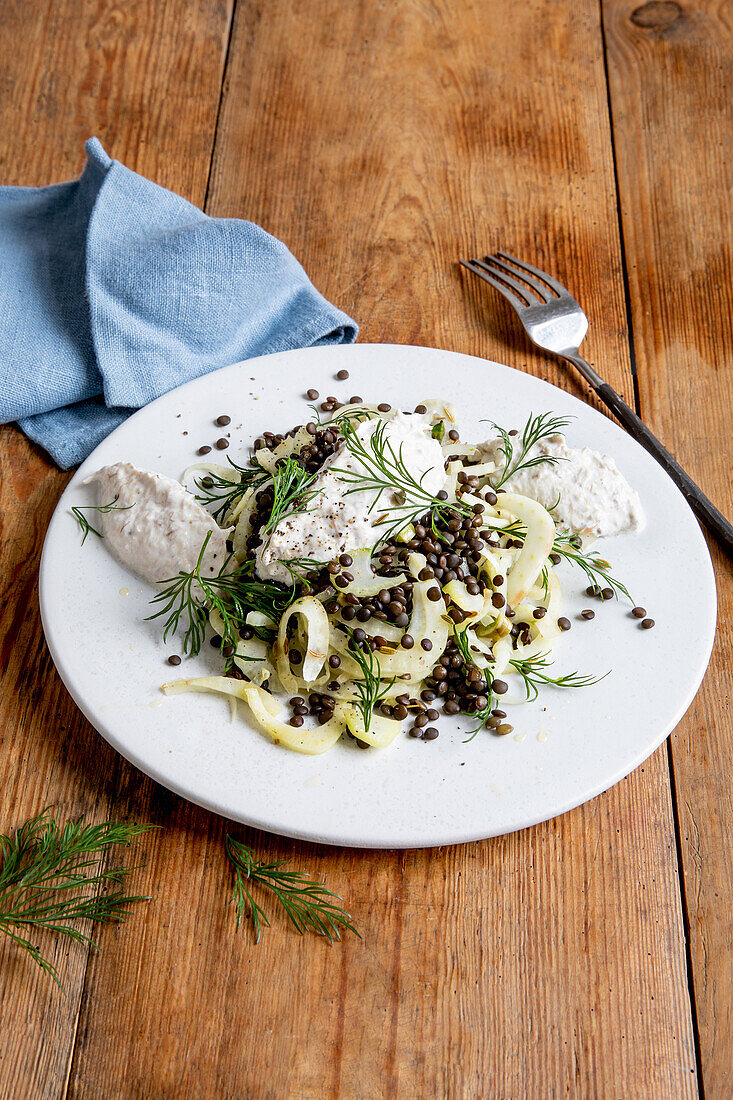 Fennel and lentil salad with mackerel cream