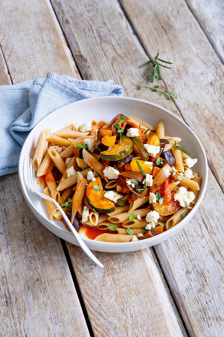 Wholewheat pasta with feta and ratatouille vegetables