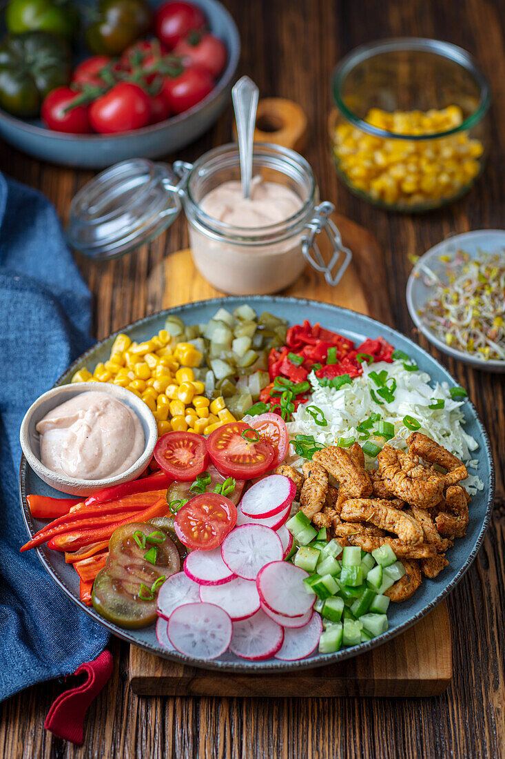 Turkey salad with corn and veggies, gyros salad