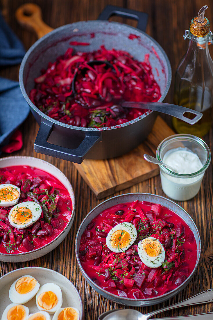 Beetroot and red kidney bean soup with cabbage and egg, ukrainian borsch