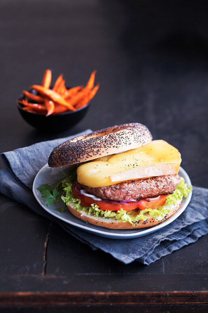 Steak burger with Tome de Savoie Cheese and sweet potato fries