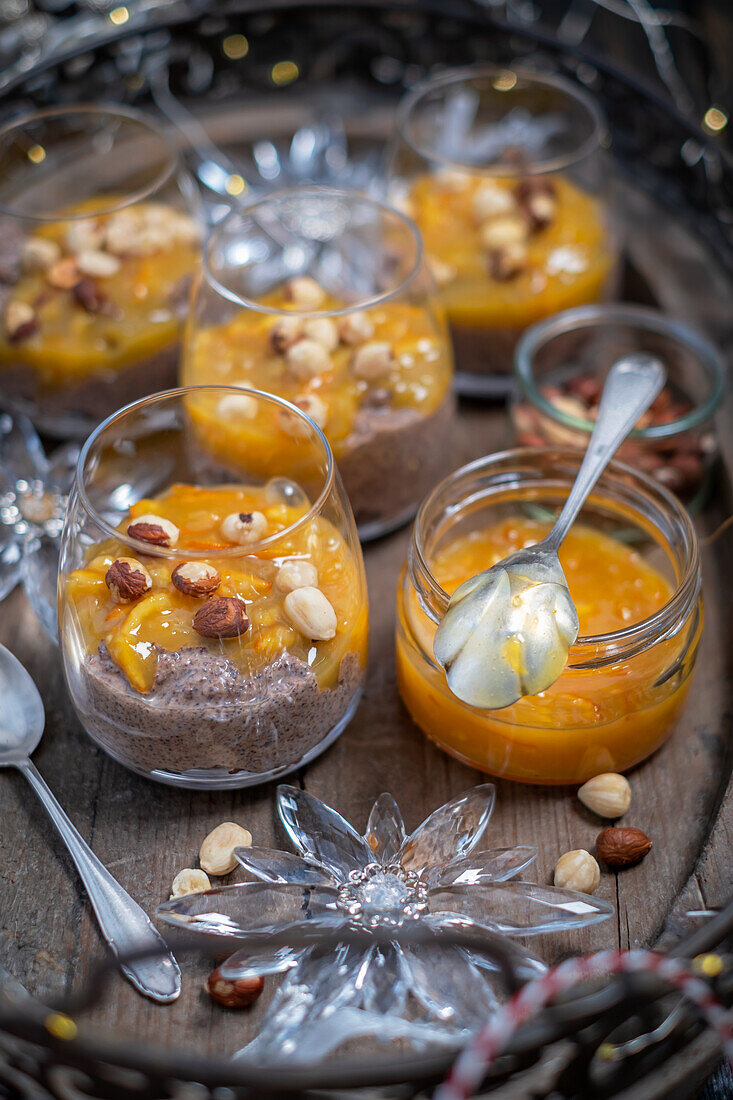 Linseed pudding with apricot jam and hazelnuts
