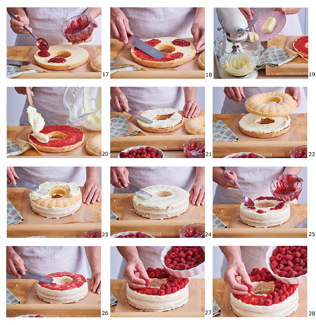 Baking biscuit wreath with raspberries