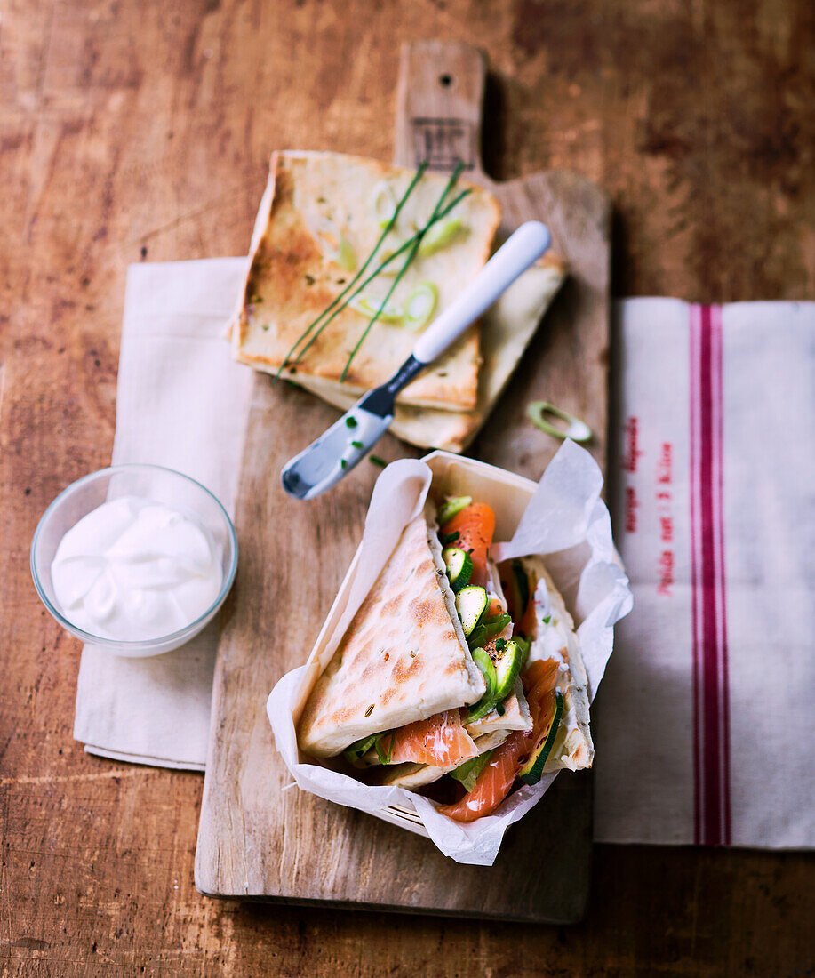 Polar bread with cream cheese, salmon and cucumber