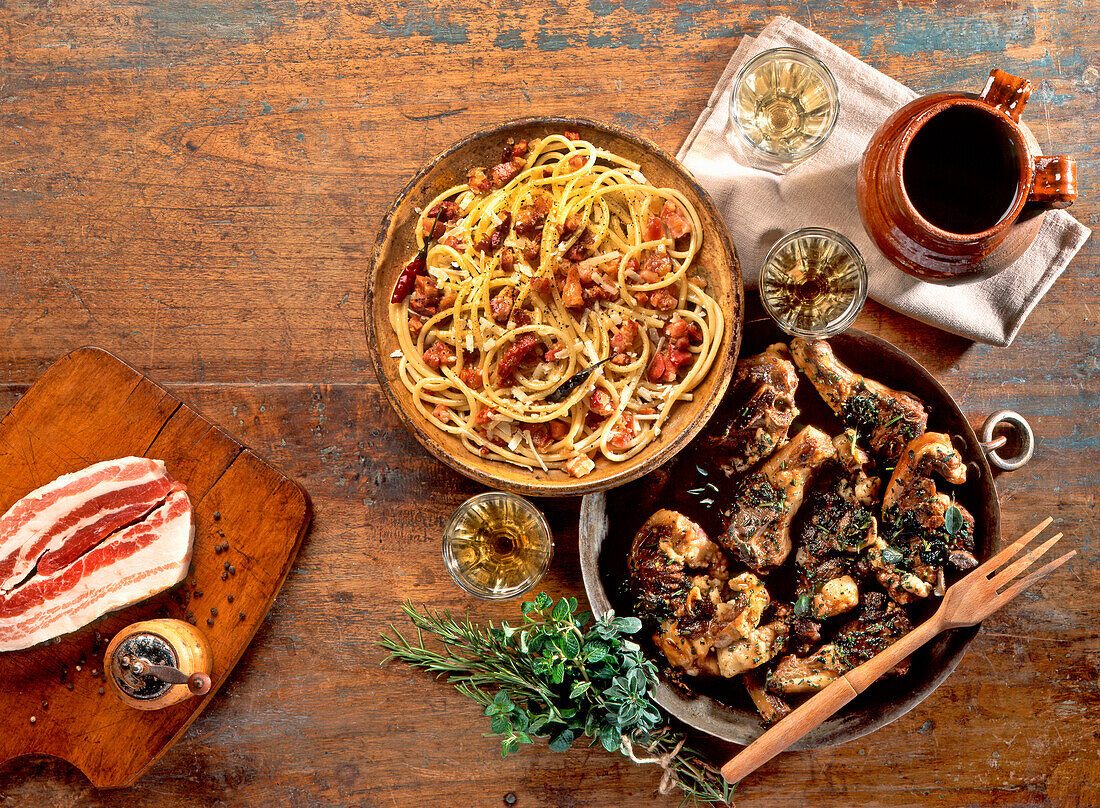 Lamb in a pan and pasta al amatriciana