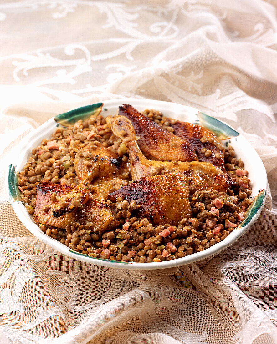 Roast duck with lentils