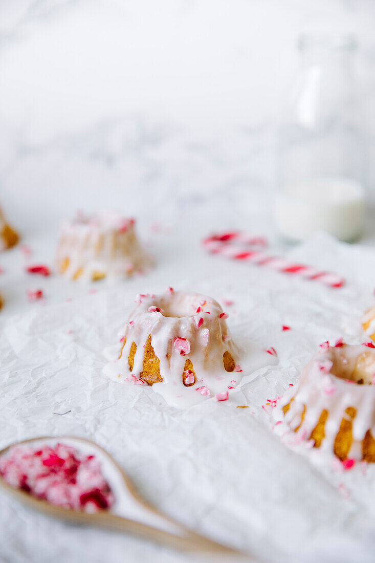 Mini bundt cakes with crushed candy cane topping