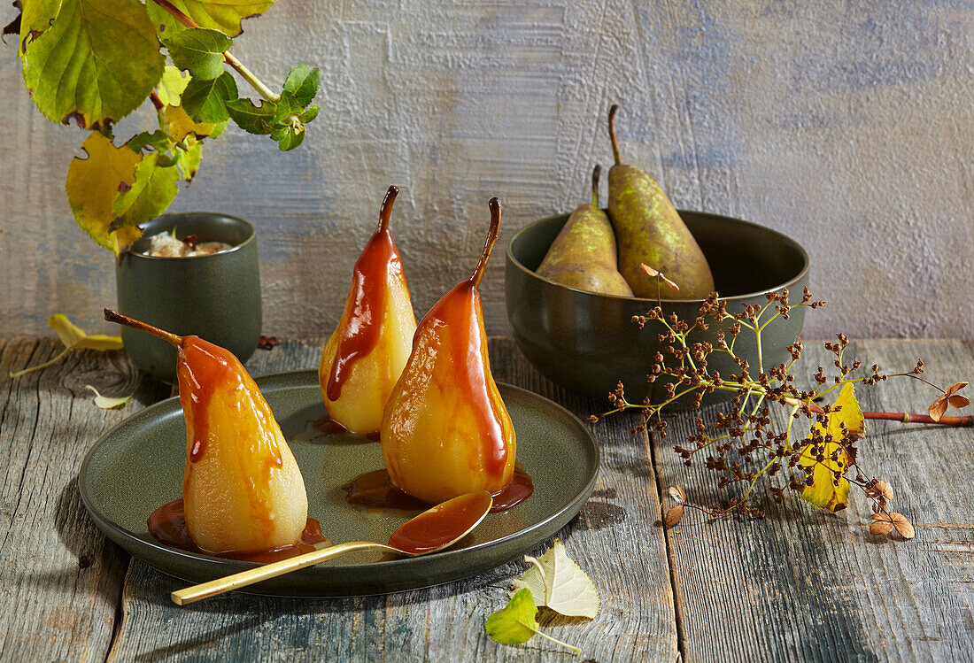 Poached pears with salted caramel