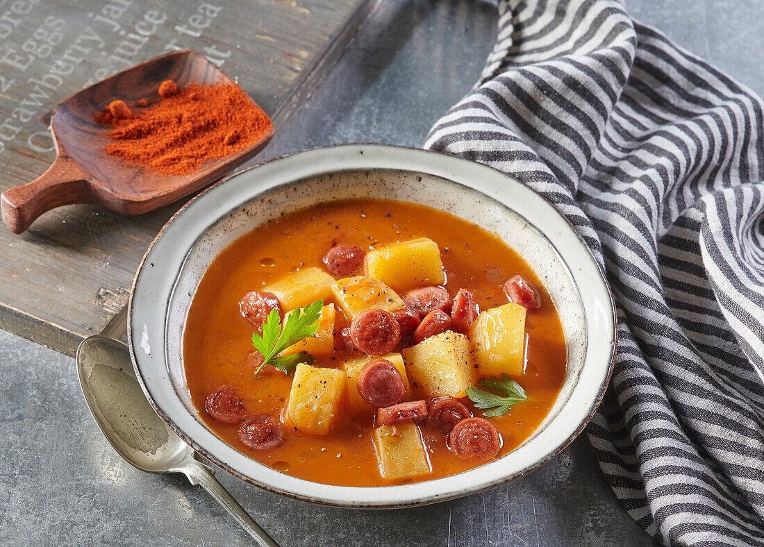 Frankfurt soup with potatoes and sausage slices