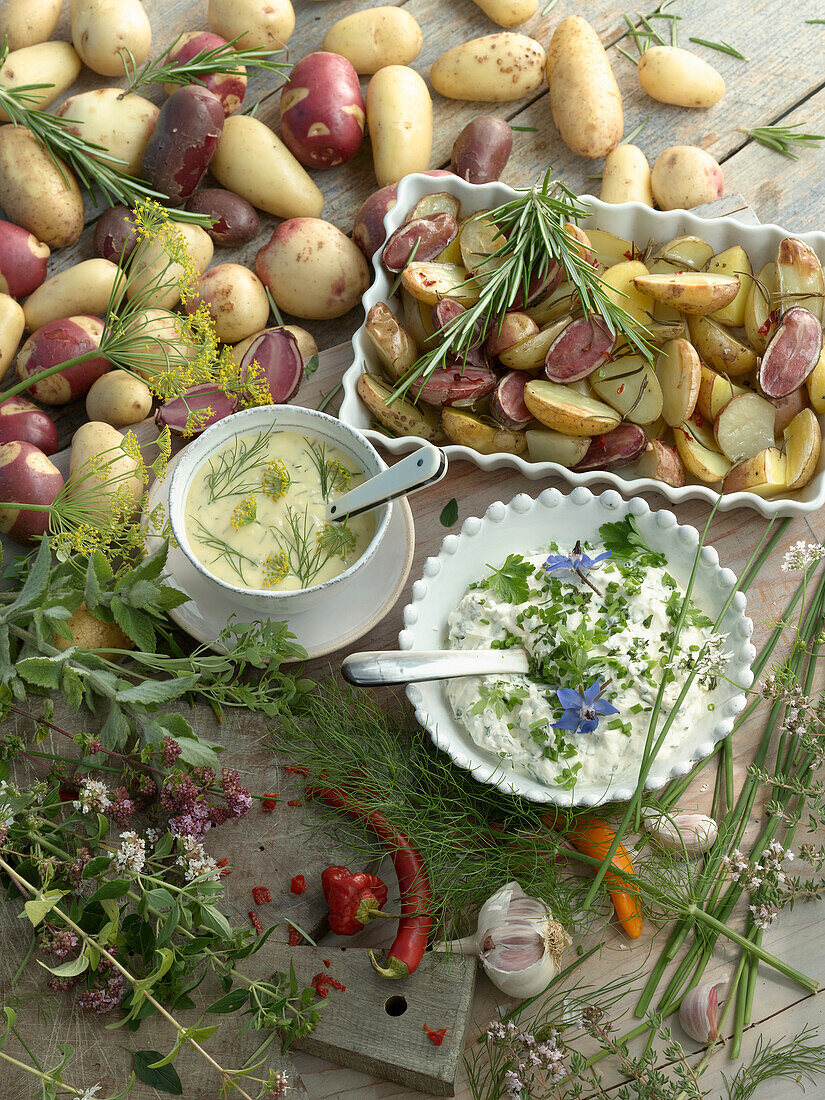 Gebackene Rosmarinkartoffeln mit Knoblauchmajonaise und Creme-Fraiche-Kräuter-Dip