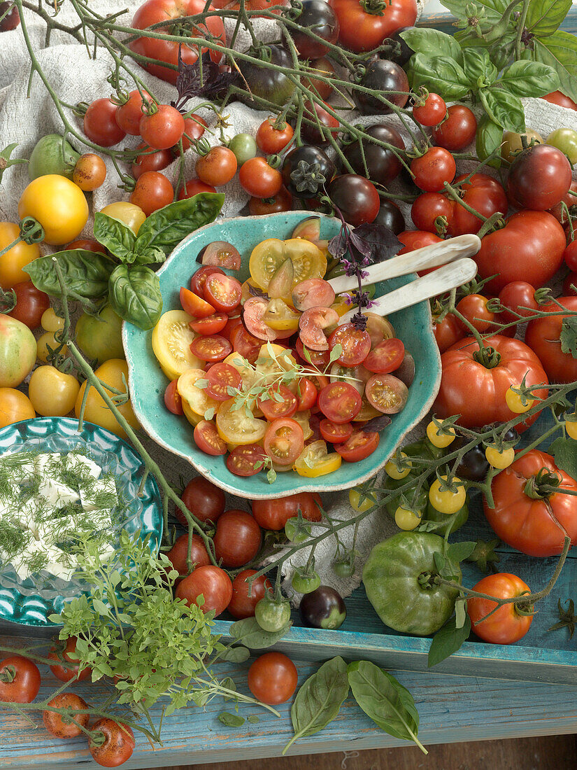 Tomatensalat mit Zitronenvinaigrette und Feta mit Kräutern