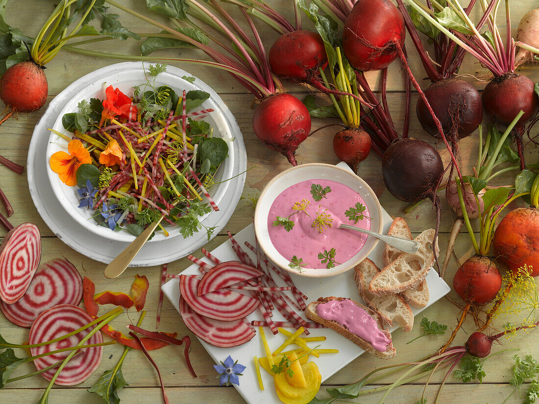 Bunter Salat mit Rote-Bete, gelbe Bete, geringelter Bete dazu Labneh mit Rote-Bete-Saft