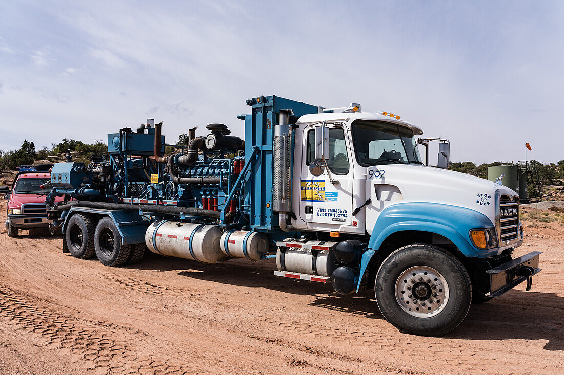 Acid pump truck servicing an oil well in Utah, USA