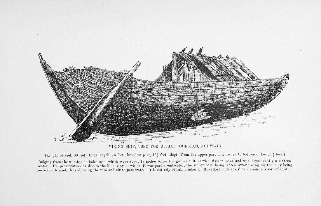 Viking ship used for burial, 19th century illustration
