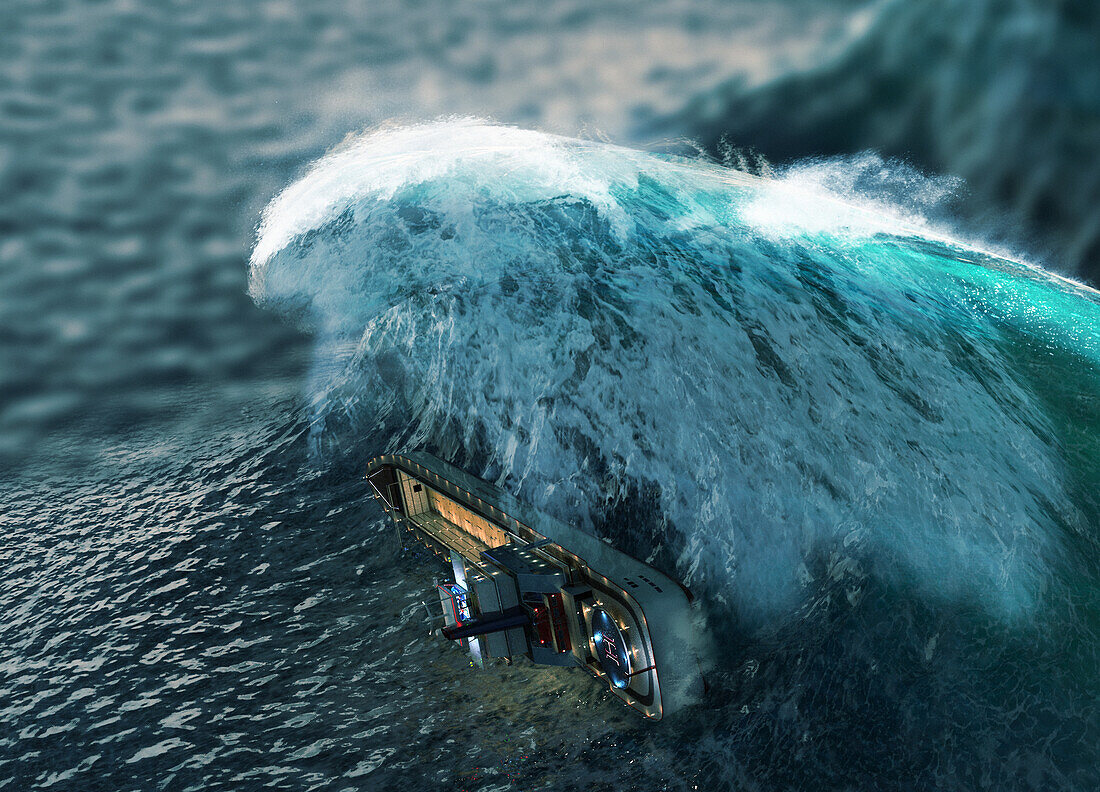 Rogue waves sinking a cargo ship, illustration