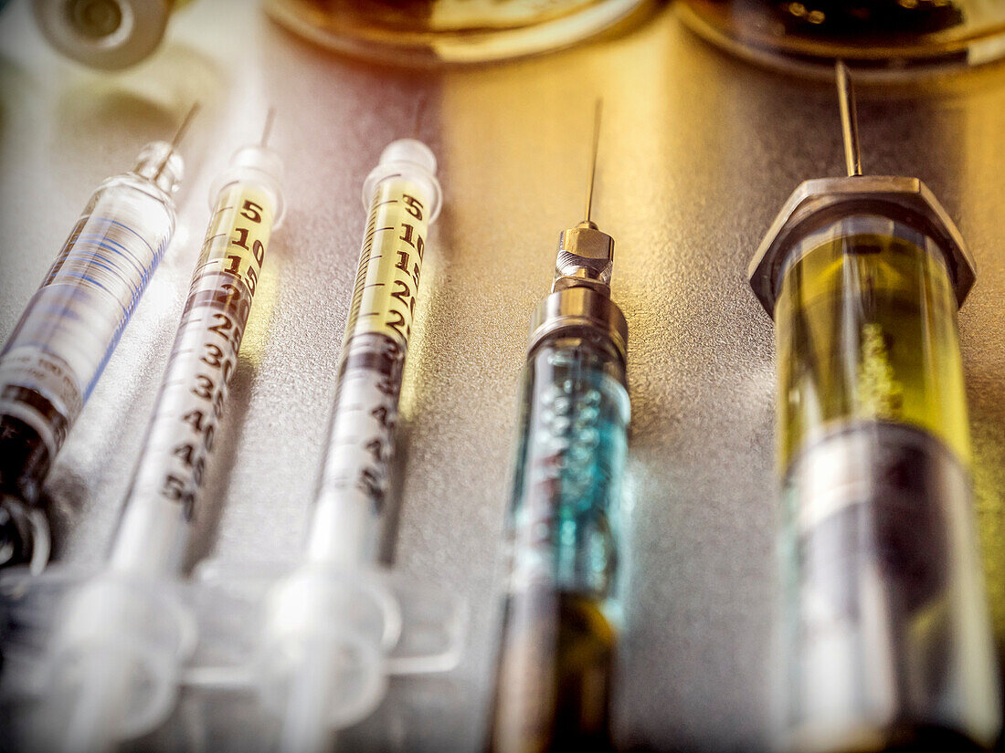 Syringes on an operating room table