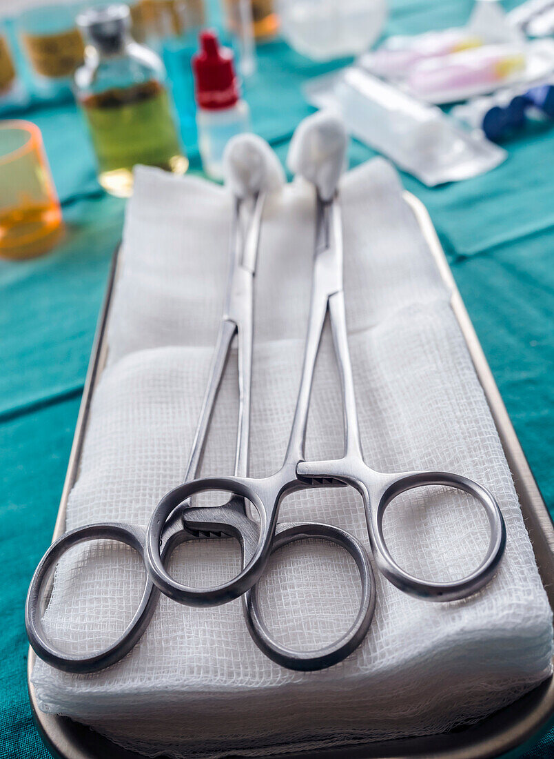 Surgical scissors with swabs on a metal tray