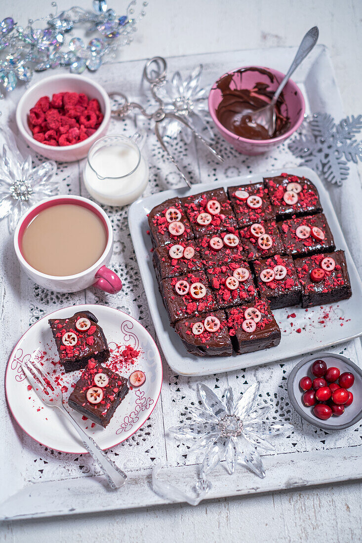 Chocolate cake with cranberries and raspberries for Christmas