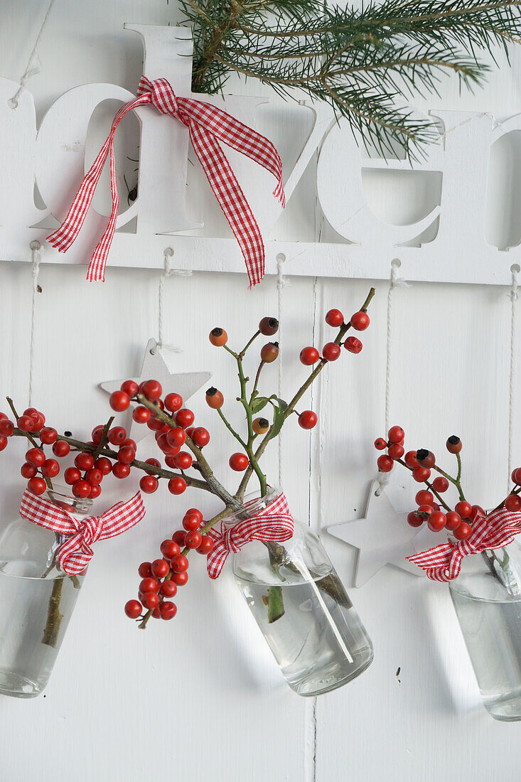 Hanging vases with holly berries as Advent decoration