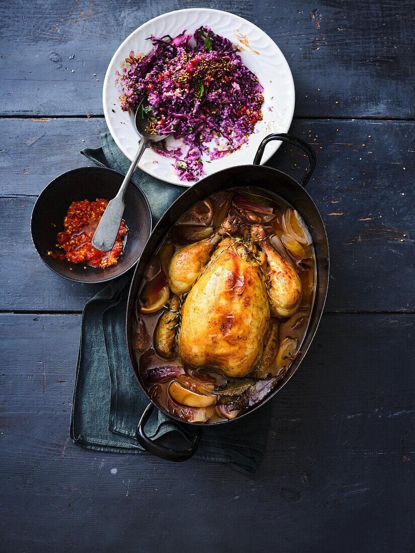 Corn fed chicken with cumin pointed cabbage stuffing and red cabbage tabouleh