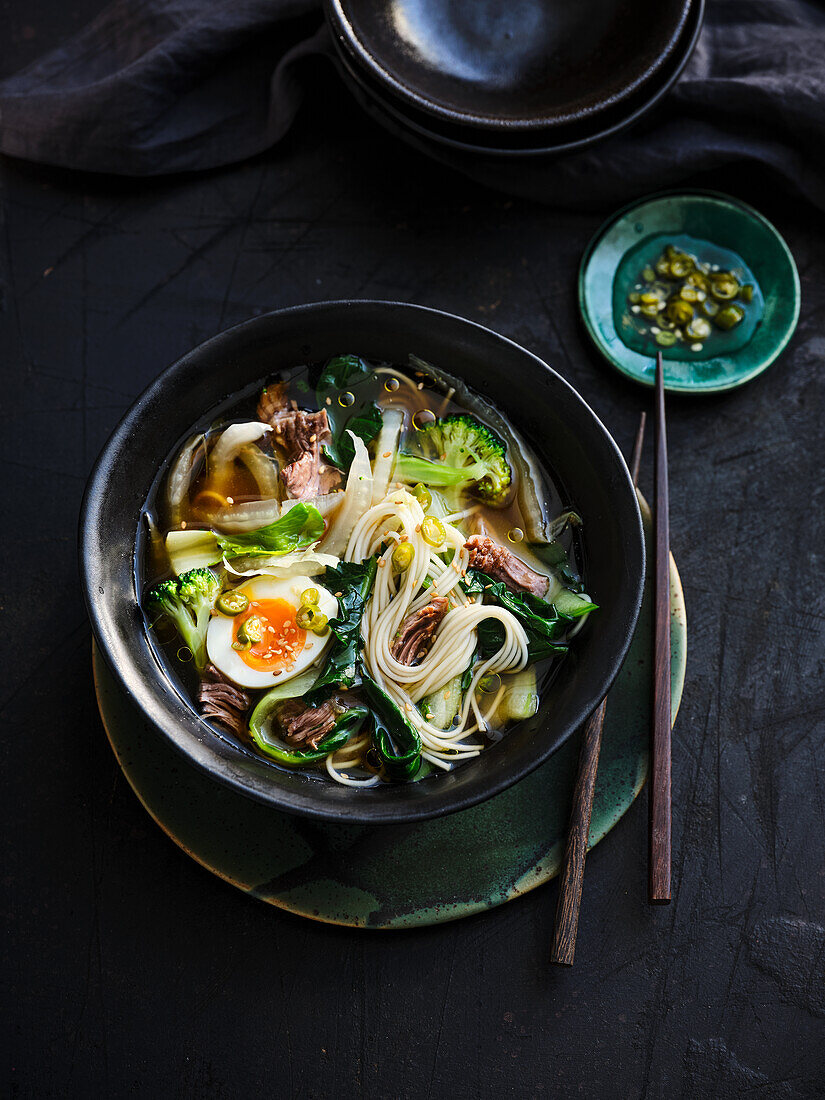 Vietnamese Pho with beef, paksoi, Chinese cabbage and broccoli