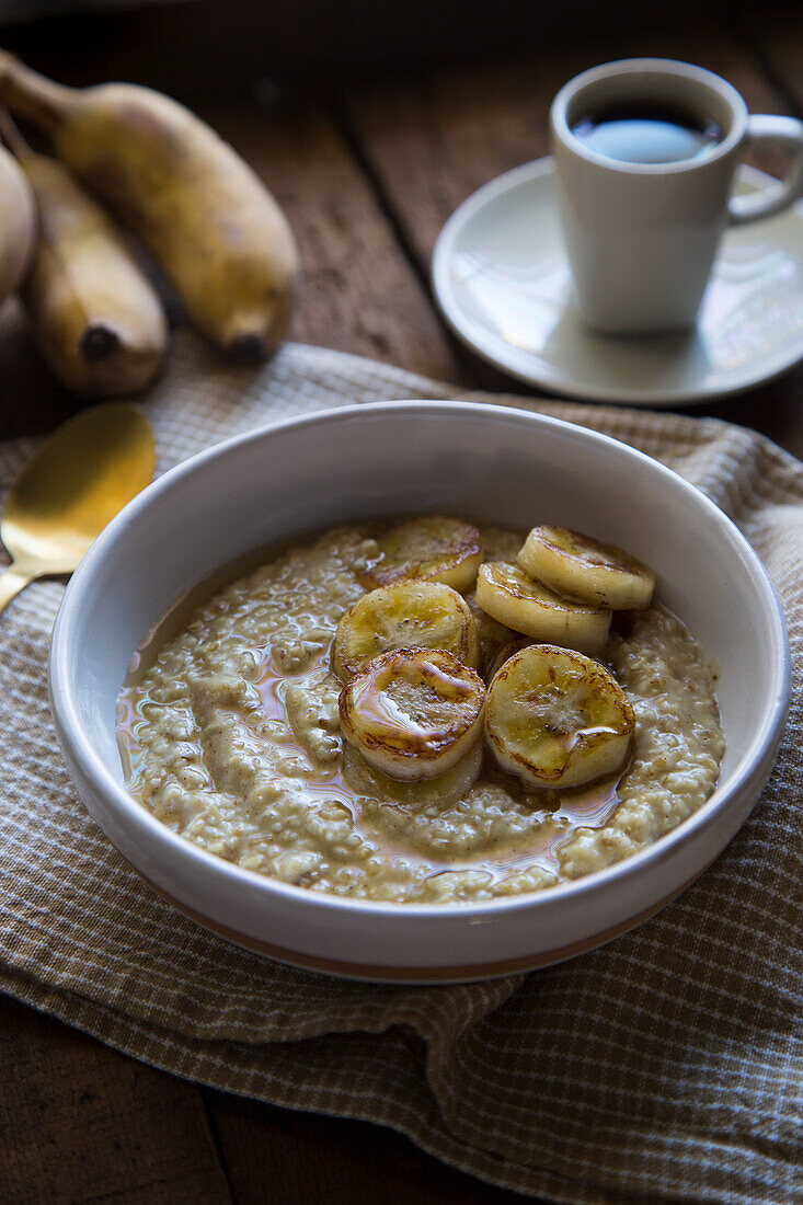 Winter breakfast with porridge and Thai bananas