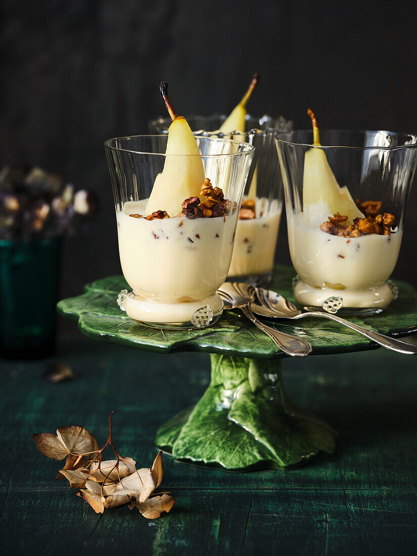Ginger Custard with Poached Pears and Walnut Granola