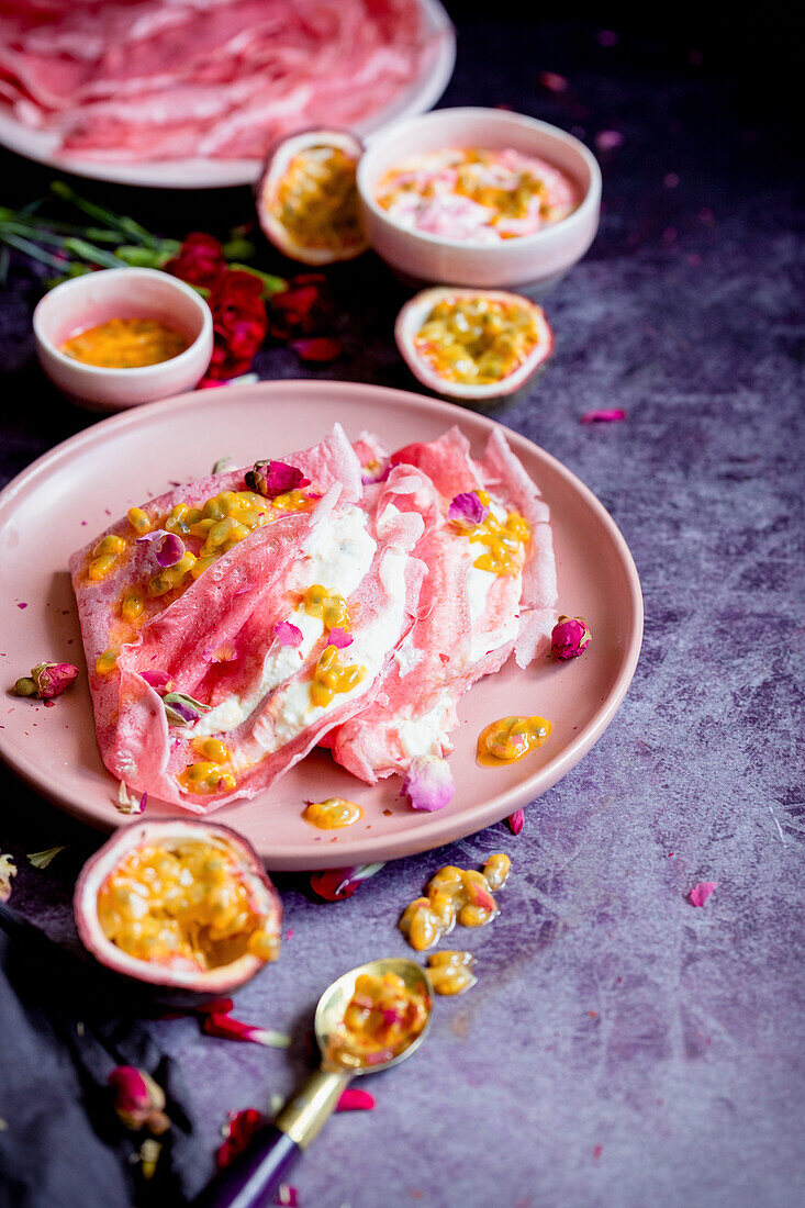 Crêpes with passion fruit cream