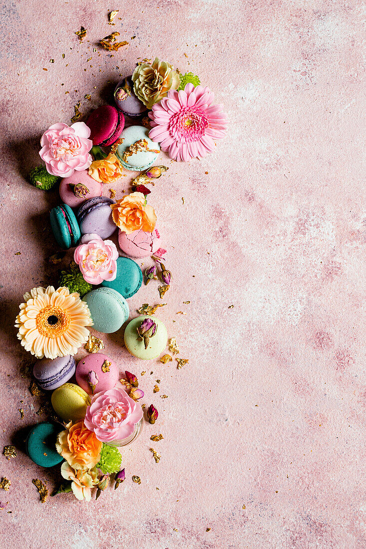 Colourful macarons decorated with flowers