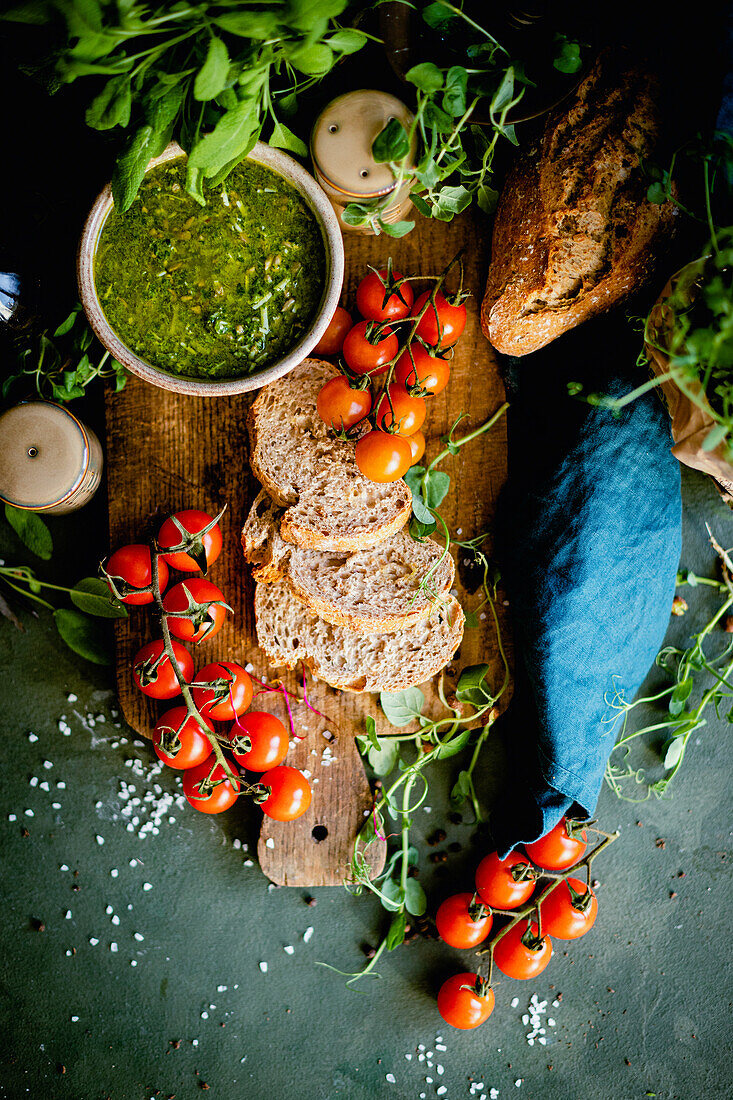 Baguette bread with pesto