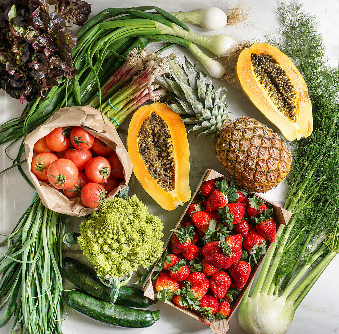 Various fresh fruits and vegetables from the market