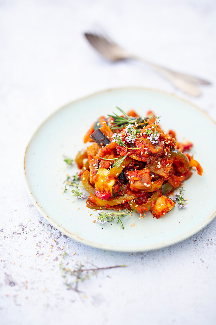 French ratatouille with thyme flowers (vegan)