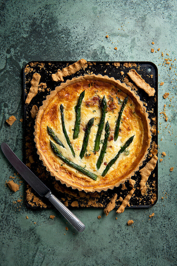 Asparagus quiche on a baking tray