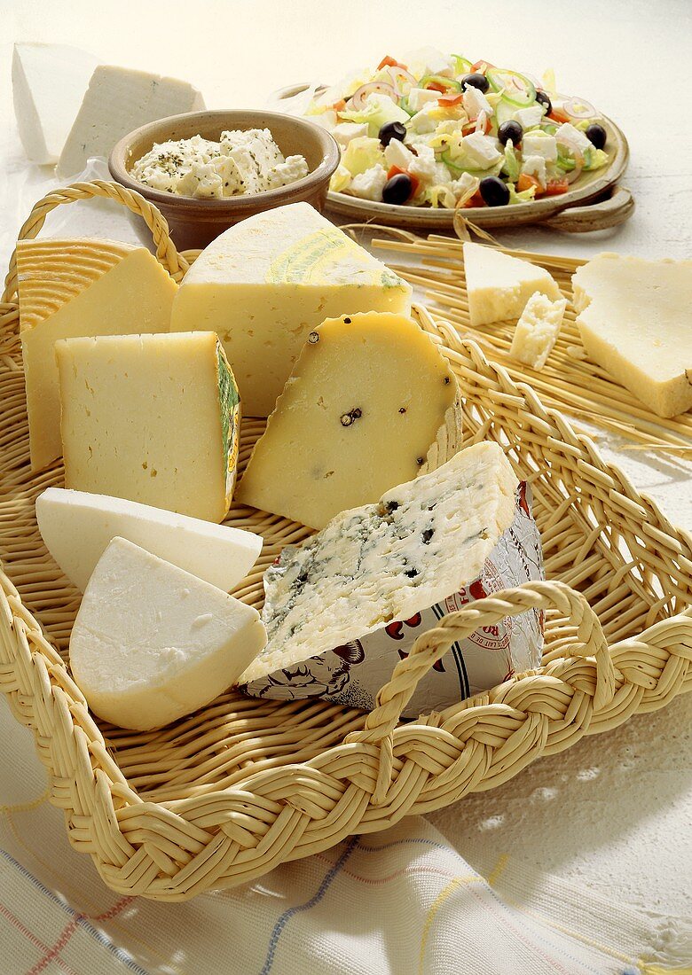 Assorted Cheese Pieces in a Basket