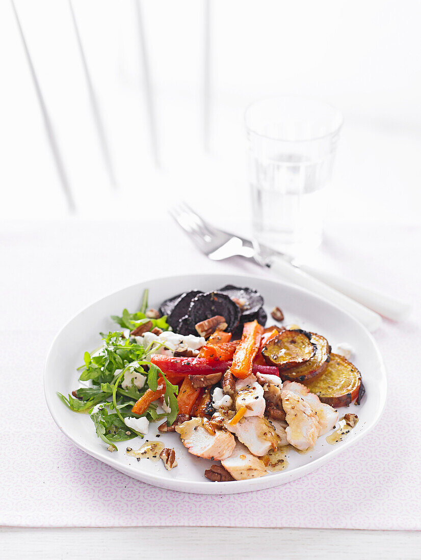 Roast veg and chicken salad with pecans