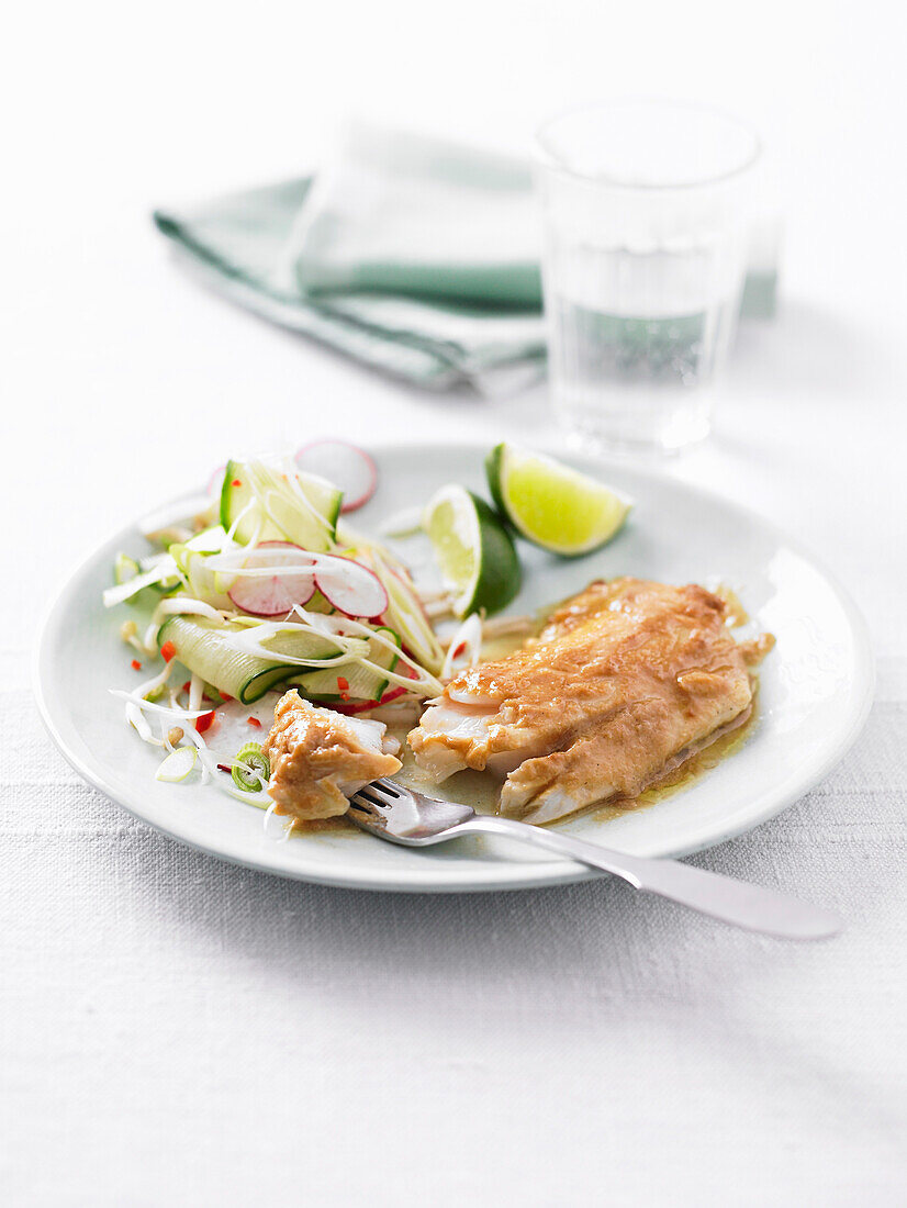 Miso pollack with cucumber and spring onion salad