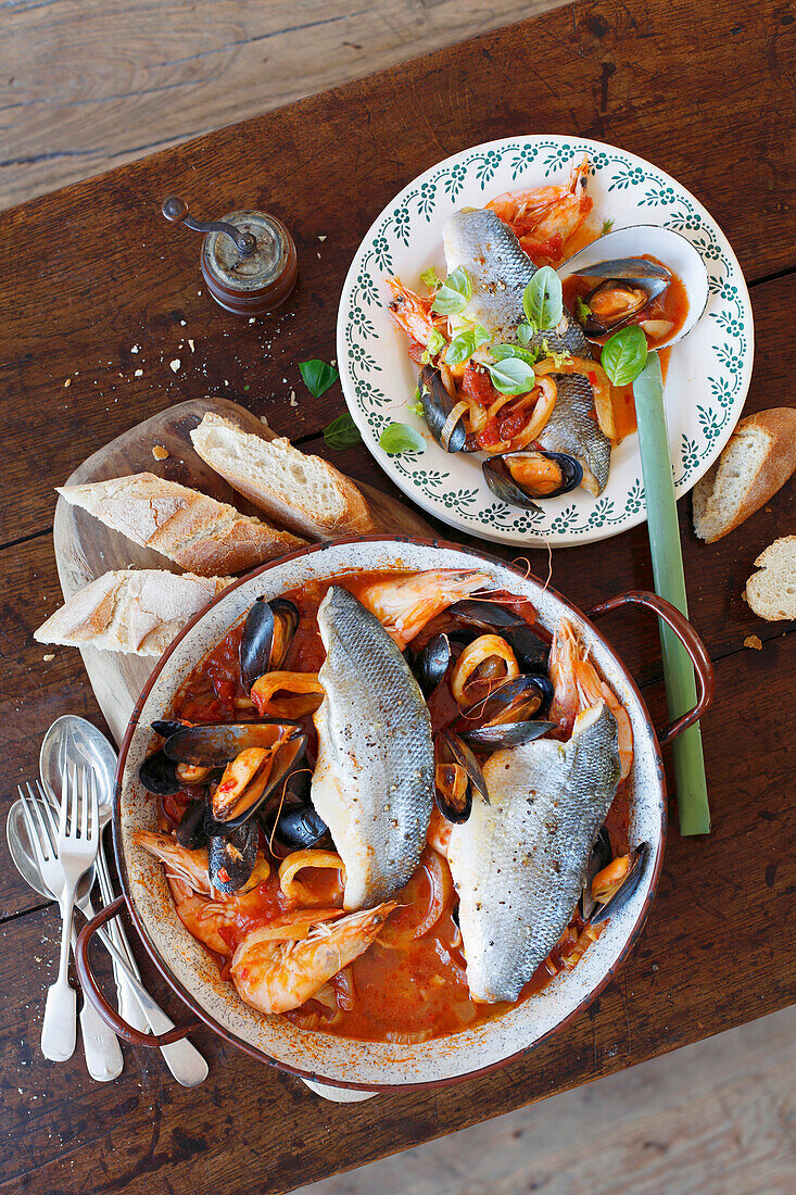 Italian one pot meal with sea bass and seafood