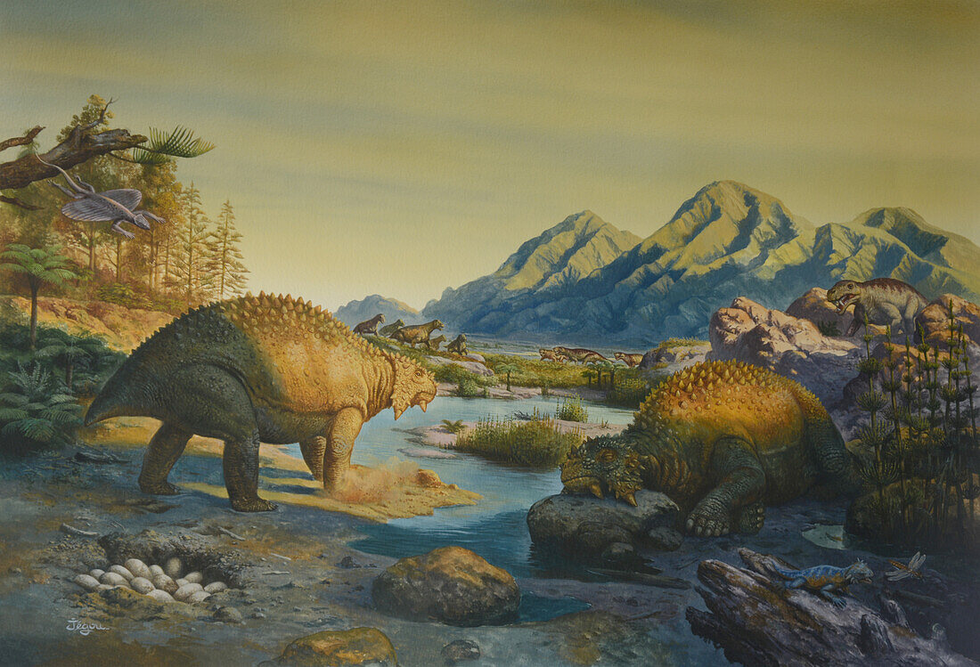 Scutosaurus, Permian landscape, illustration