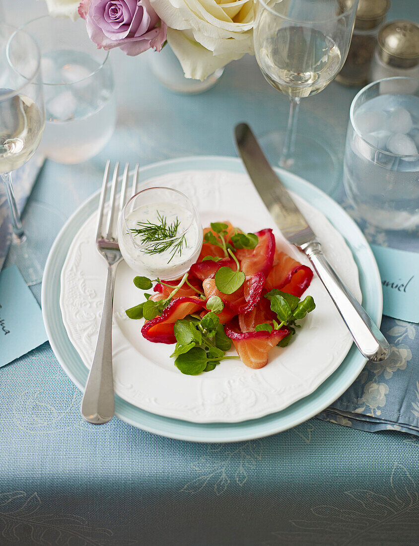 Beetroot and vodka cured salmon