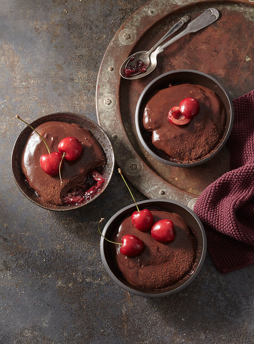 Homemade chocolate pudding with sour cherries