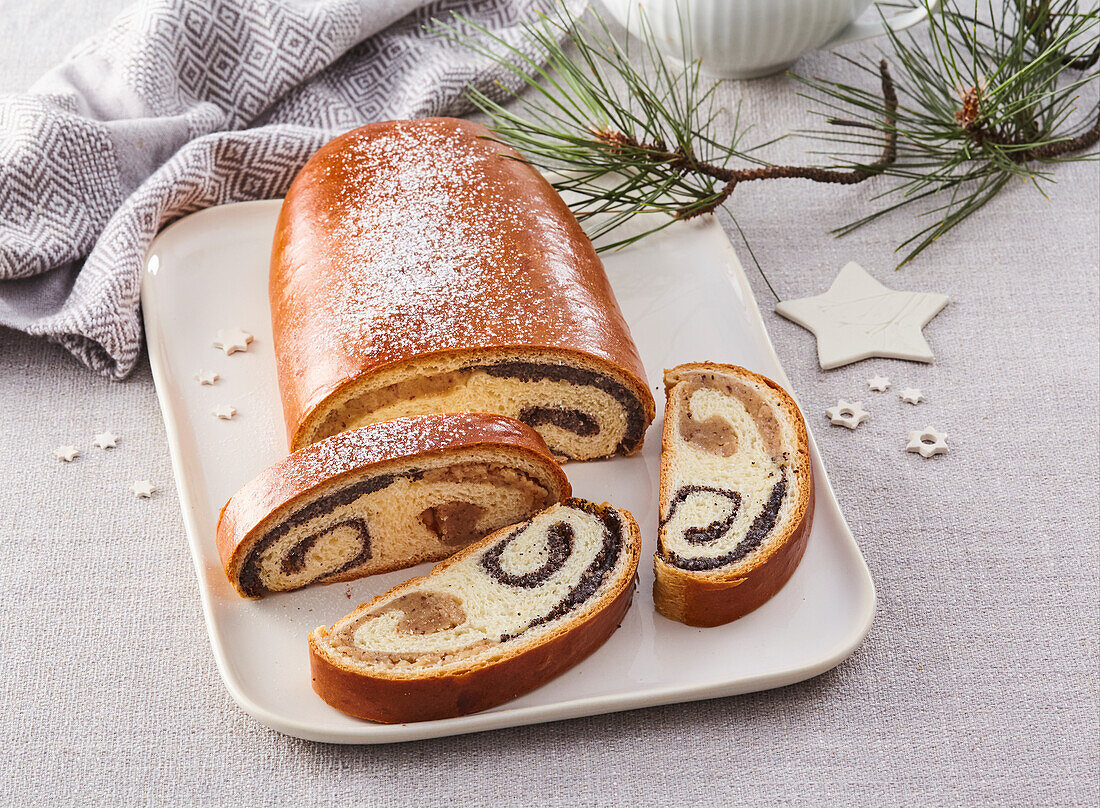 Double filled yeast roulade with walnuts and poppy seeds