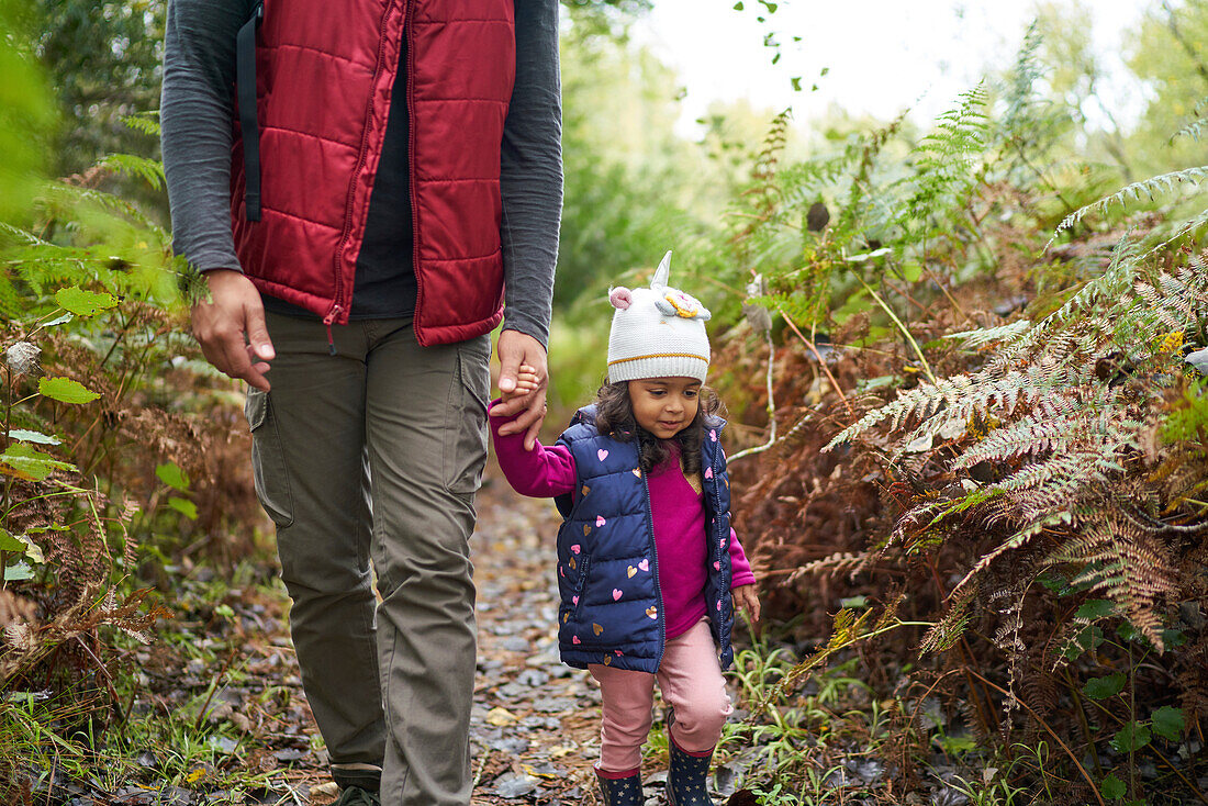 Father and toddler daughter hiking on trail in woods