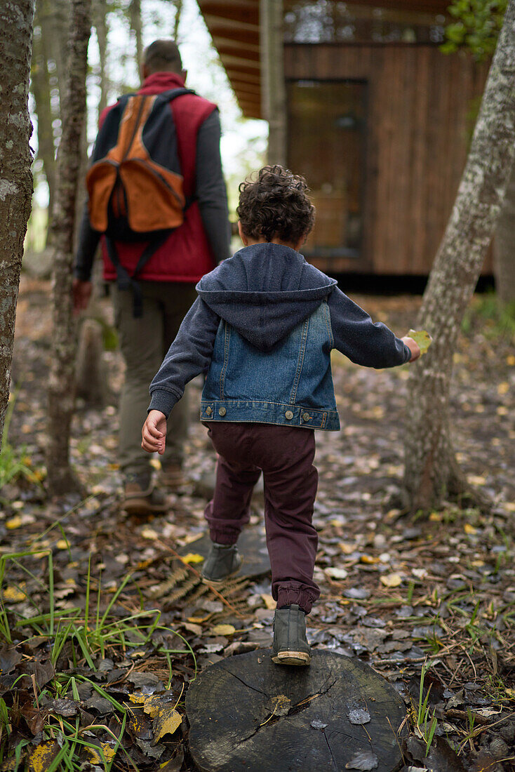 Father and son returning to cabin after hike