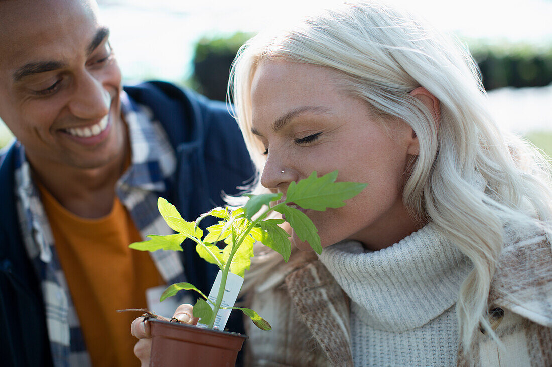 Happy couple smelling potted herb plant