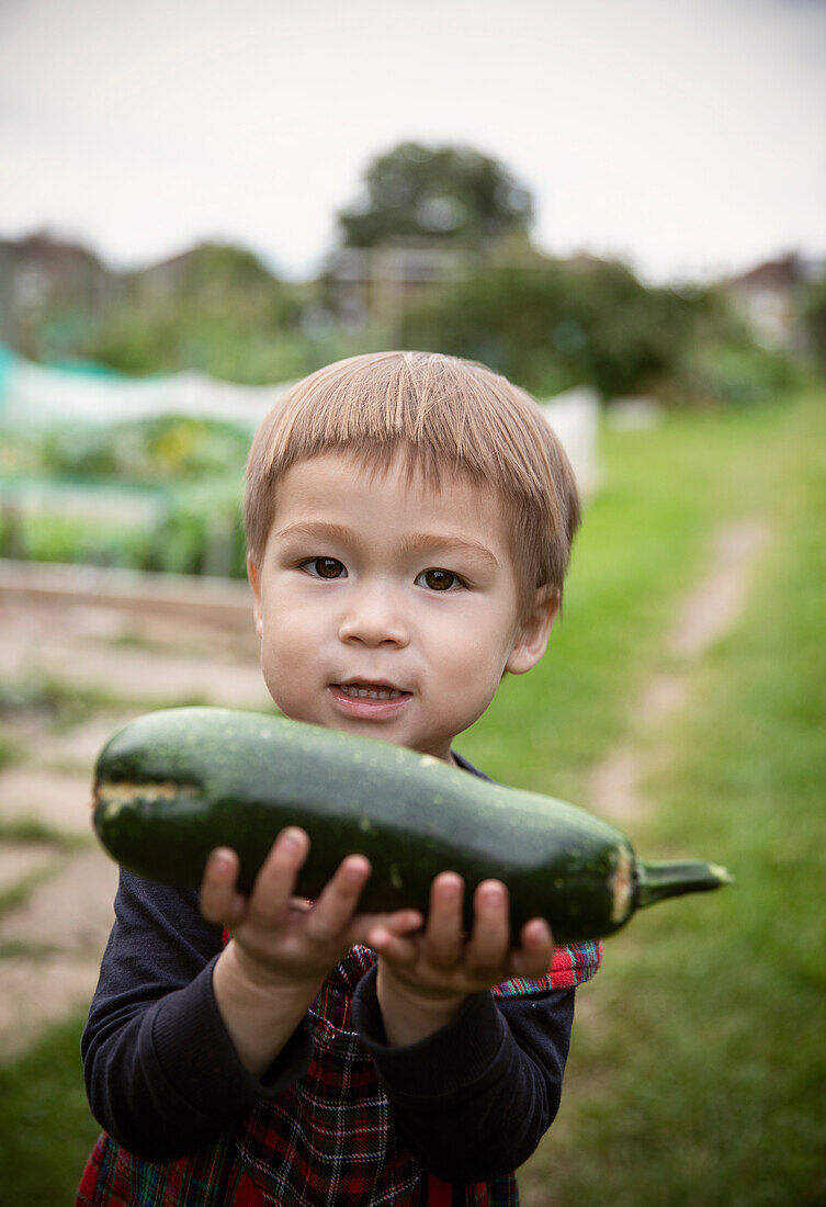 Boy holding zucchini in garden