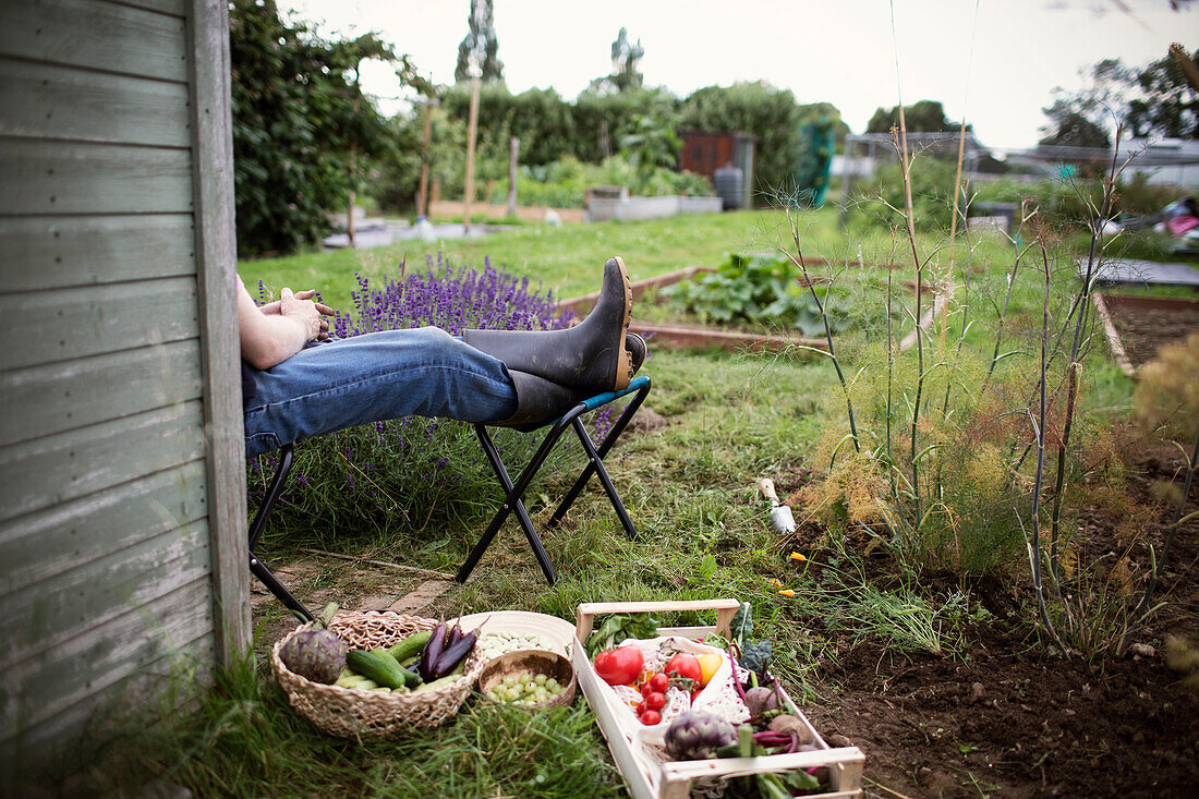 Man relaxing with feet up in garden next to vegetables